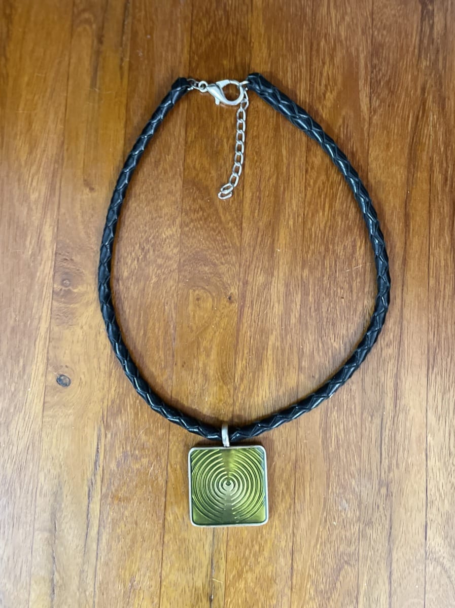 "PLAITED LEATHER NECKLACE" ~ in Black with Olive Green Enamel Pendant by Wanita Stanley - Image 2
