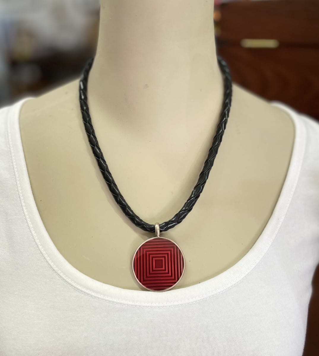 "PLAITED LEATHER NECKLACE" ~ in Black with Red Enamel Pendant by Wanita Stanley - Image 2
