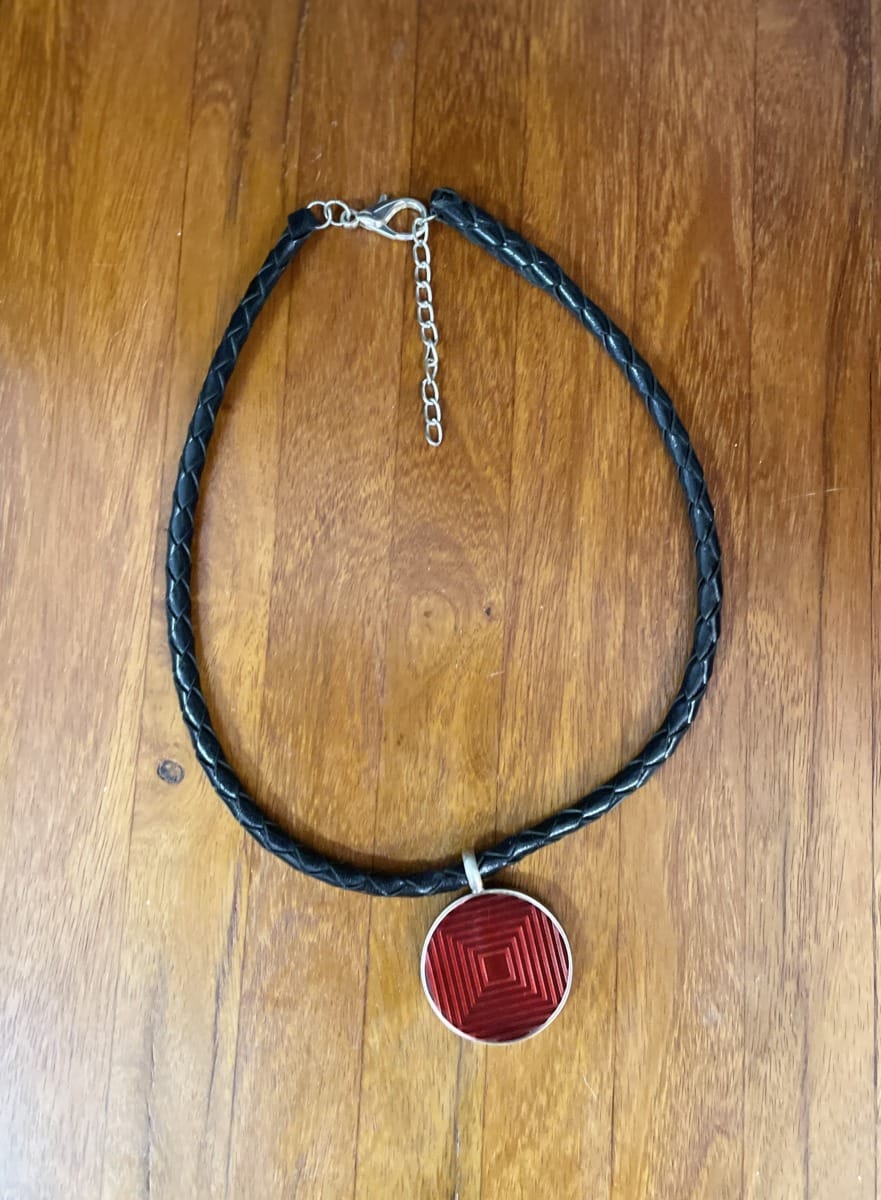 "PLAITED LEATHER NECKLACE" ~ in Black with Red Enamel Pendant by Wanita Stanley - Image 3