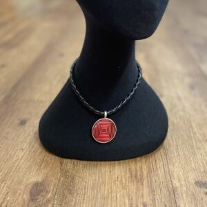 "PLAITED LEATHER NECKLACE" ~ in Black with Red Enamel Pendant by Wanita Stanley