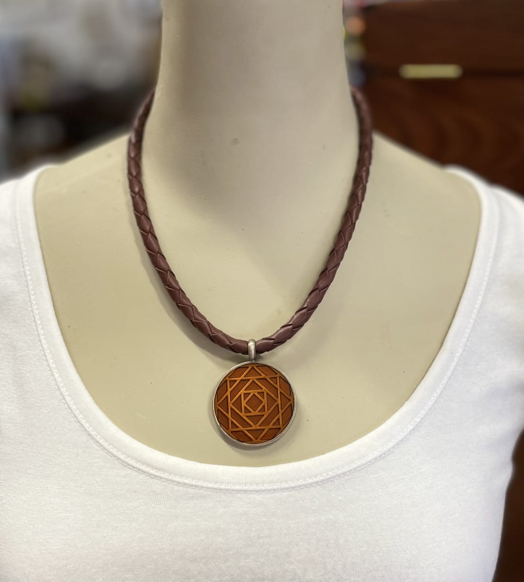"PLAITED LEATHER NECKLACE" ~ in Tan with Amber Enamel Pendant by Wanita Stanley - Image 2
