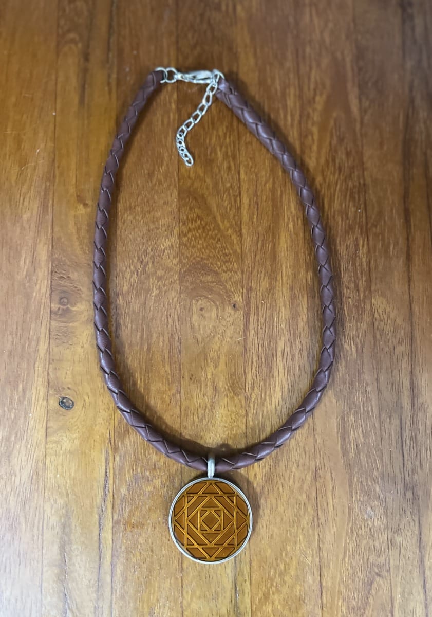 "PLAITED LEATHER NECKLACE" ~ in Tan with Amber Enamel Pendant by Wanita Stanley - Image 3