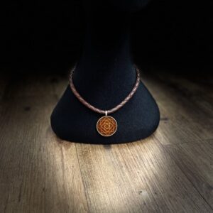 "PLAITED LEATHER NECKLACE" ~ in Tan with Amber Enamel Pendant by Wanita Stanley