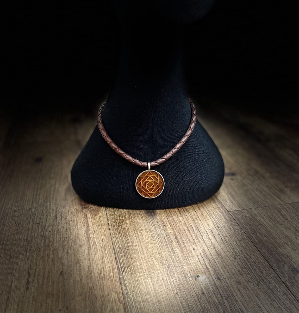 "PLAITED LEATHER NECKLACE" ~ in Tan with Amber Enamel Pendant by Wanita Stanley