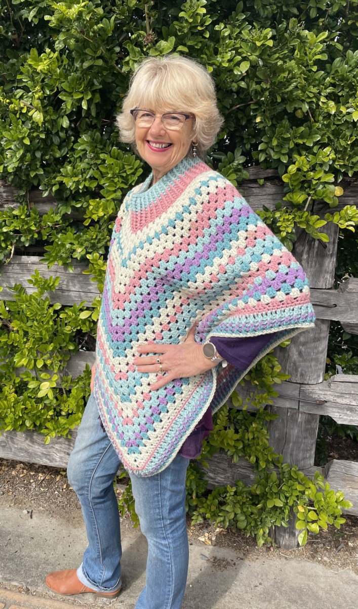 Hand Crocheted Poncho Pink Greens Purple & Cream - Image 5