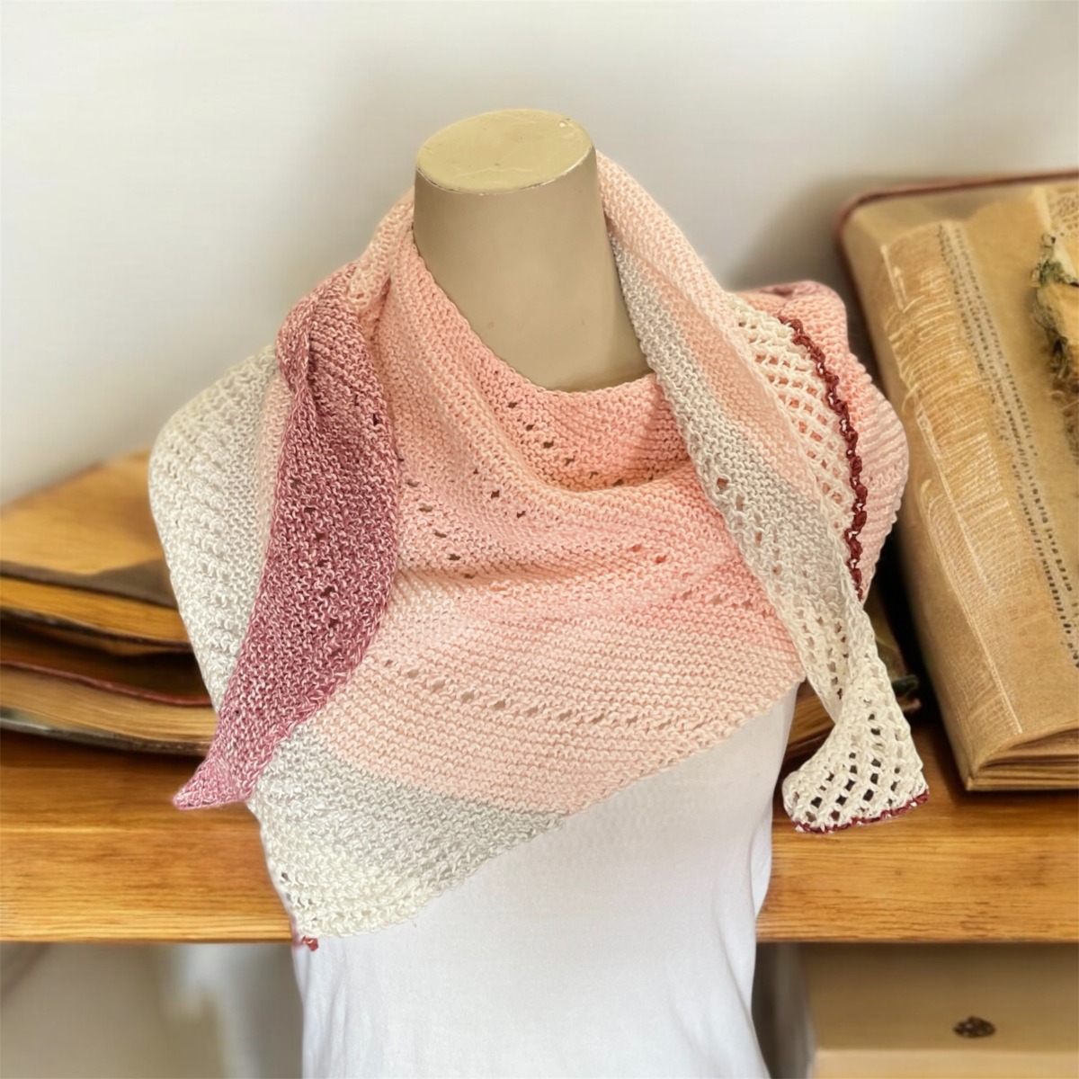 "LADIES ASYMMETRICAL SCARF" ~ in Pale Pink/Burgundy & Grey by Anne Grant - Image 6