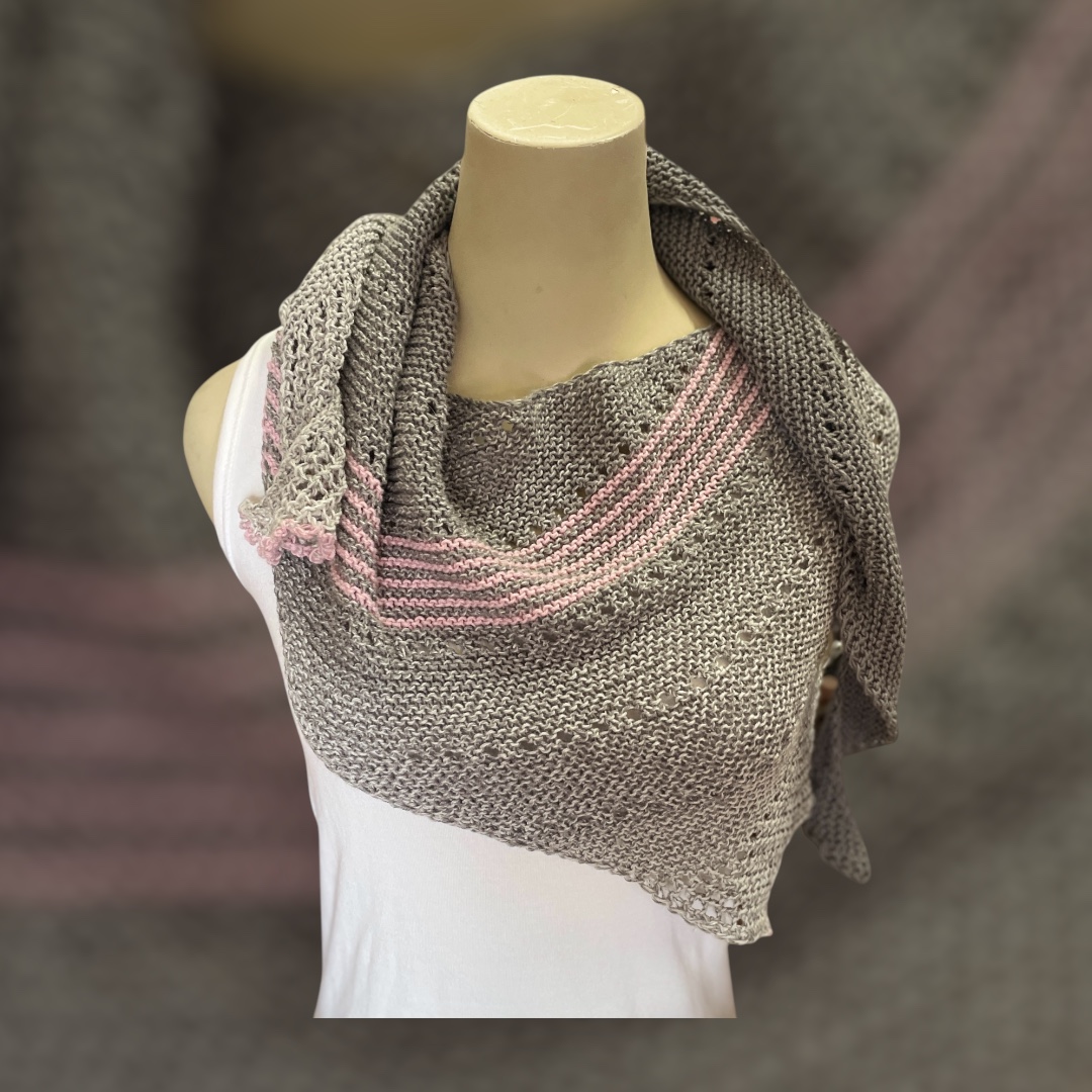 "LADIES ASYMMETRICAL SCARF" ~ in Grey with Pink Stripes by Anne Grant - Image 6