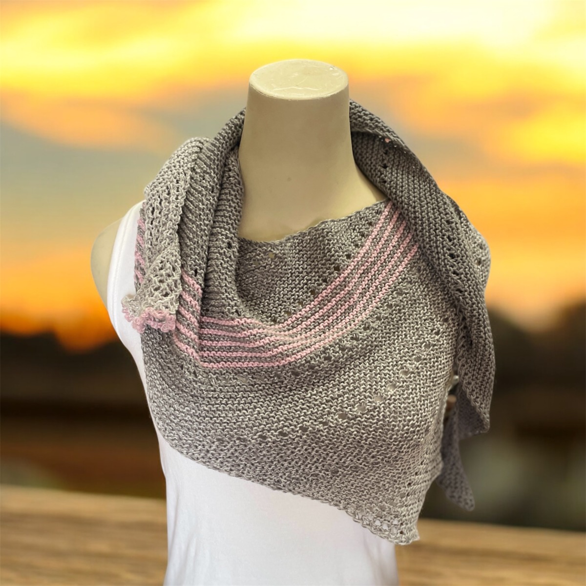 "LADIES ASYMMETRICAL SCARF" ~ in Grey with Pink Stripes by Anne Grant - Image 7