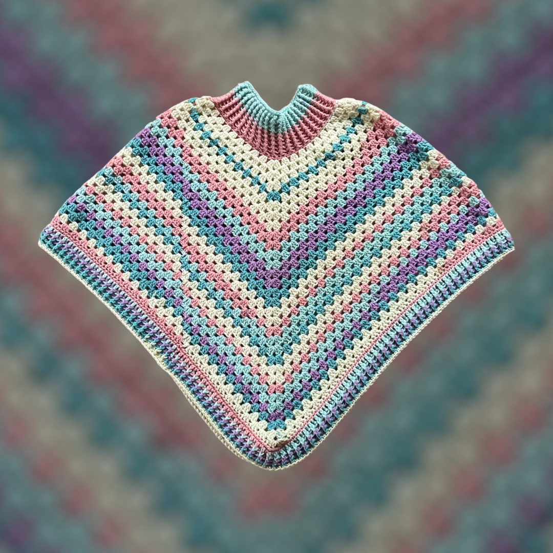 Hand Crocheted Poncho Pink Greens Purple & Cream