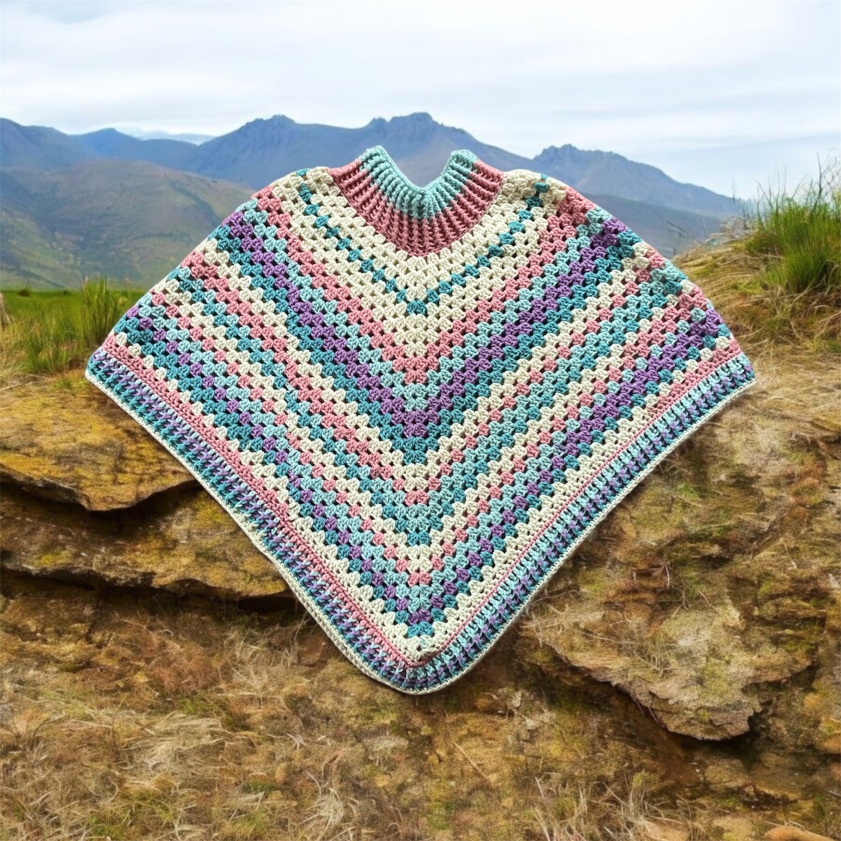 Hand Crocheted Poncho Pink Greens Purple & Cream - Image 4