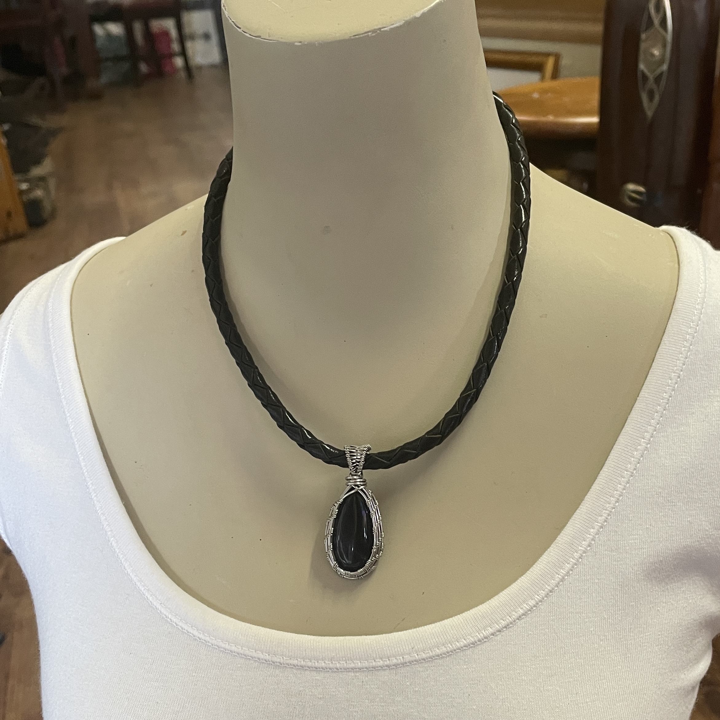 "PLAITED LEATHER NECKLACE" ~ in Black with Black Onyx Pendant by Wanita Stanley - Image 2