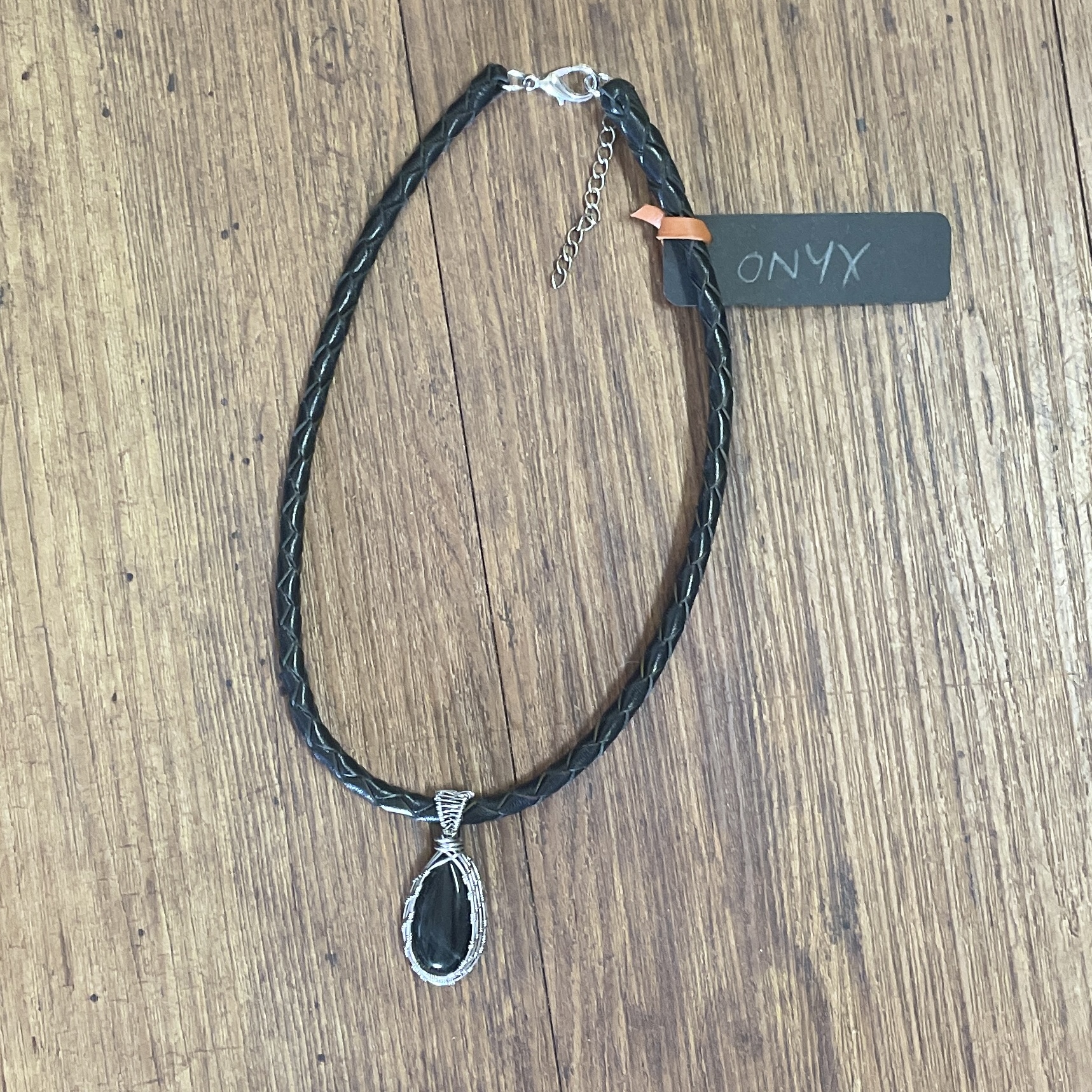 "PLAITED LEATHER NECKLACE" ~ in Black with Black Onyx Pendant by Wanita Stanley - Image 3