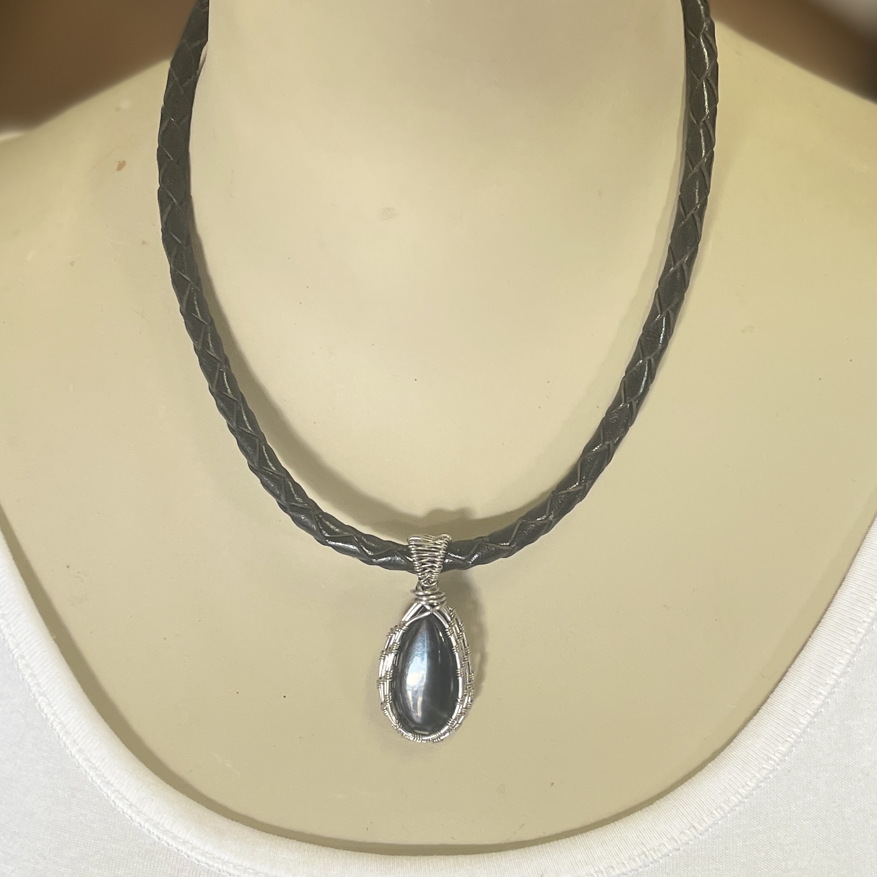 "PLAITED LEATHER NECKLACE" ~ in Black with Black Onyx Pendant by Wanita Stanley - Image 4