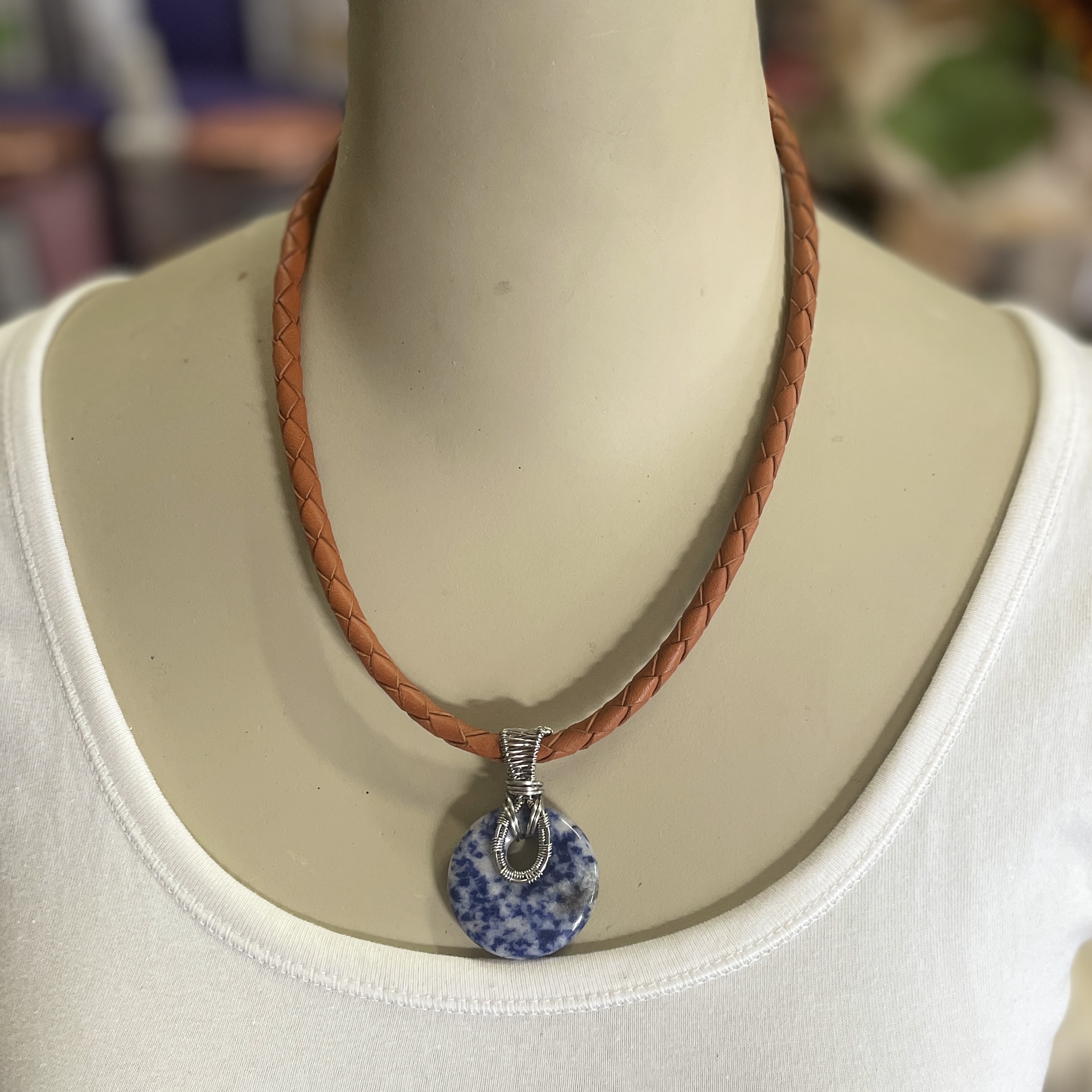 "PLAITED LEATHER NECKLACE" ~ in Tan with Lapis Lazuli Pendant by Wanita Stanley - Image 3