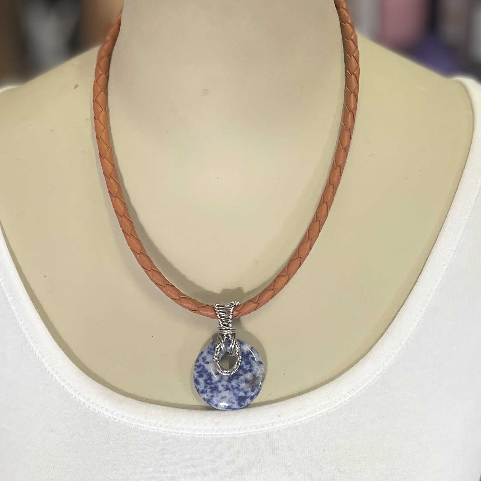 "PLAITED LEATHER NECKLACE" ~ in Tan with Lapis Lazuli Pendant by Wanita Stanley - Image 5