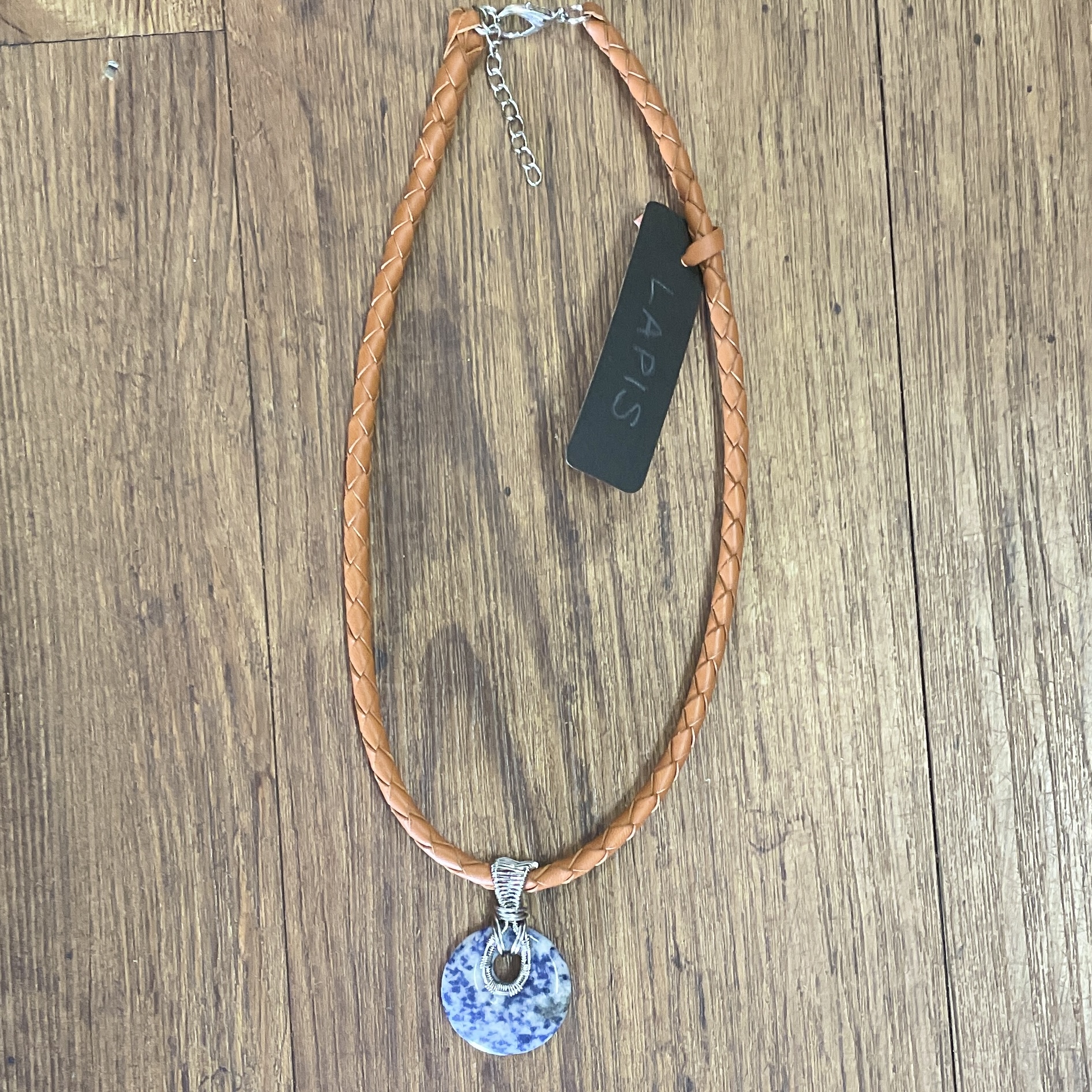 "PLAITED LEATHER NECKLACE" ~ in Tan with Lapis Lazuli Pendant by Wanita Stanley - Image 4