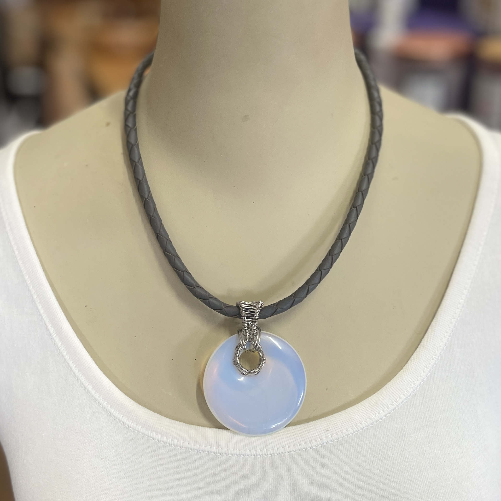 "PLAITED LEATHER NECKLACE" ~ in Grey with Moonstone Pendant by Wanita Stanley - Image 3