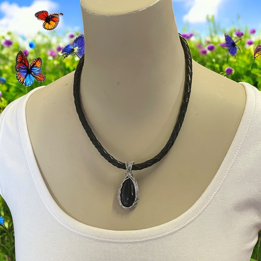 "PLAITED LEATHER NECKLACE" ~ in Black with Black Onyx Pendant by Wanita Stanley - Image 5