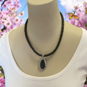 "PLAITED LEATHER NECKLACE" ~ in Black with Black Onyx Pendant by Wanita Stanley