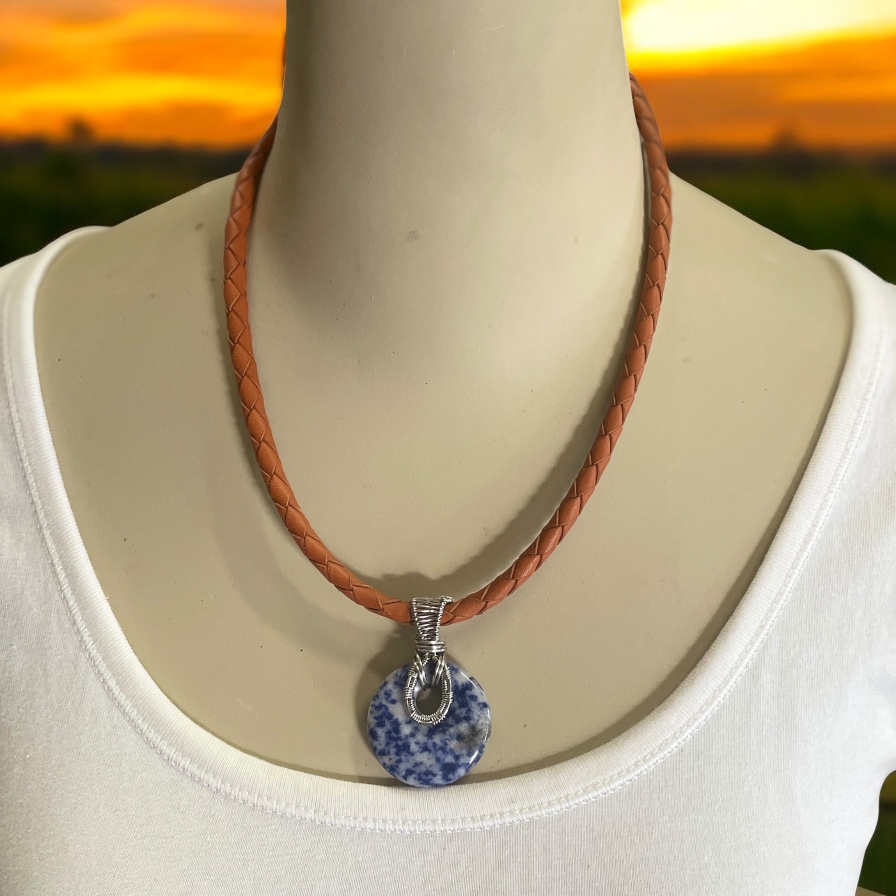 "PLAITED LEATHER NECKLACE" ~ in Tan with Lapis Lazuli Pendant by Wanita Stanley