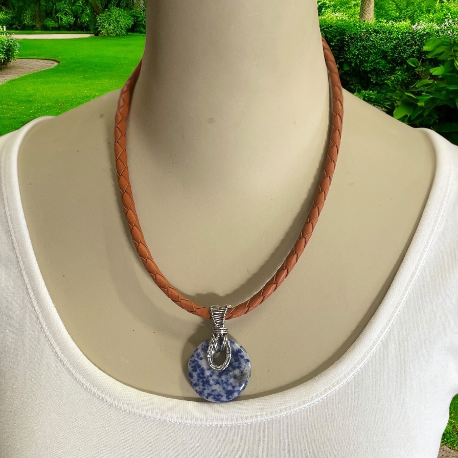 "PLAITED LEATHER NECKLACE" ~ in Tan with Lapis Lazuli Pendant by Wanita Stanley - Image 2