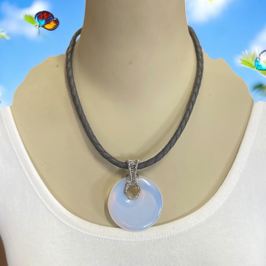 "PLAITED LEATHER NECKLACE" ~ in Grey with Moonstone Pendant by Wanita Stanley