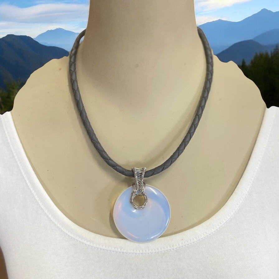 "PLAITED LEATHER NECKLACE" ~ in Grey with Moonstone Pendant by Wanita Stanley - Image 4