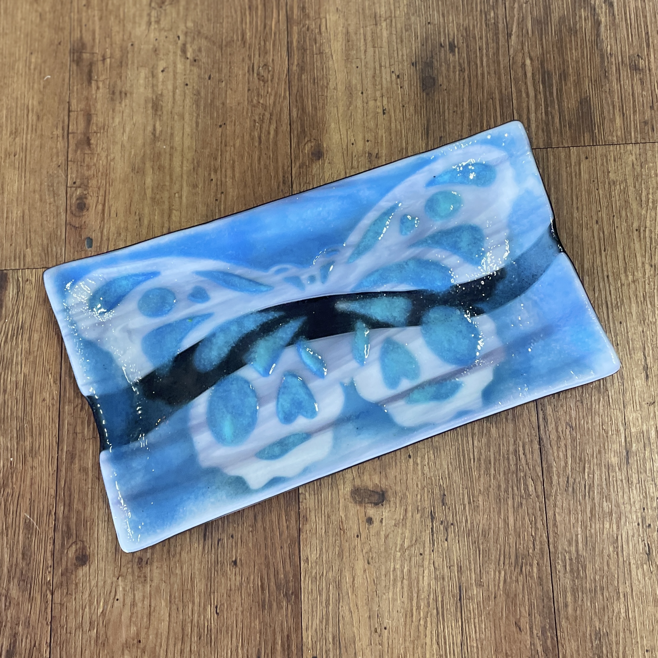 "BLUE BUTTERFLY SERVING TRAY" ~ Kiln Fired Glass by Sylvia Free - Image 2