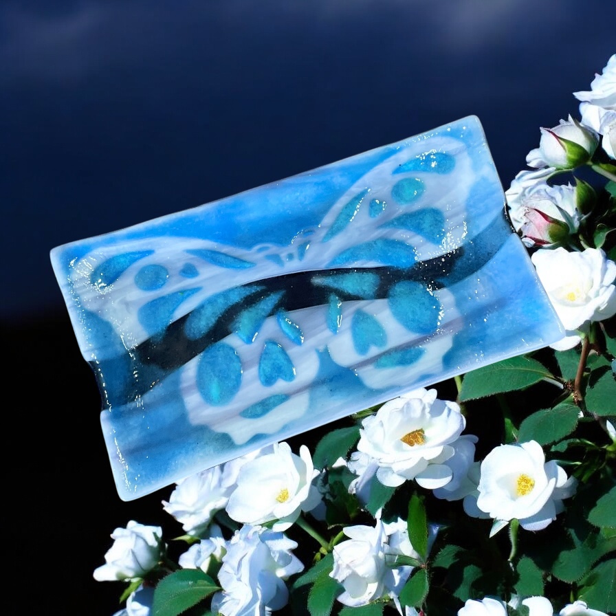 "BLUE BUTTERFLY SERVING TRAY" ~ Kiln Fired Glass by Sylvia Free
