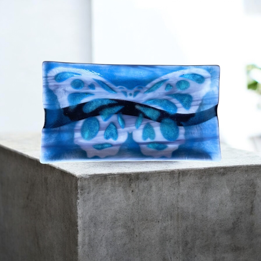 "BLUE BUTTERFLY SERVING TRAY" ~ Kiln Fired Glass by Sylvia Free - Image 3