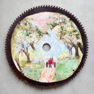 "TRACTOR IN THE ORCHARD" ~ Original Acrylic Painting by Julie Burton-Jones