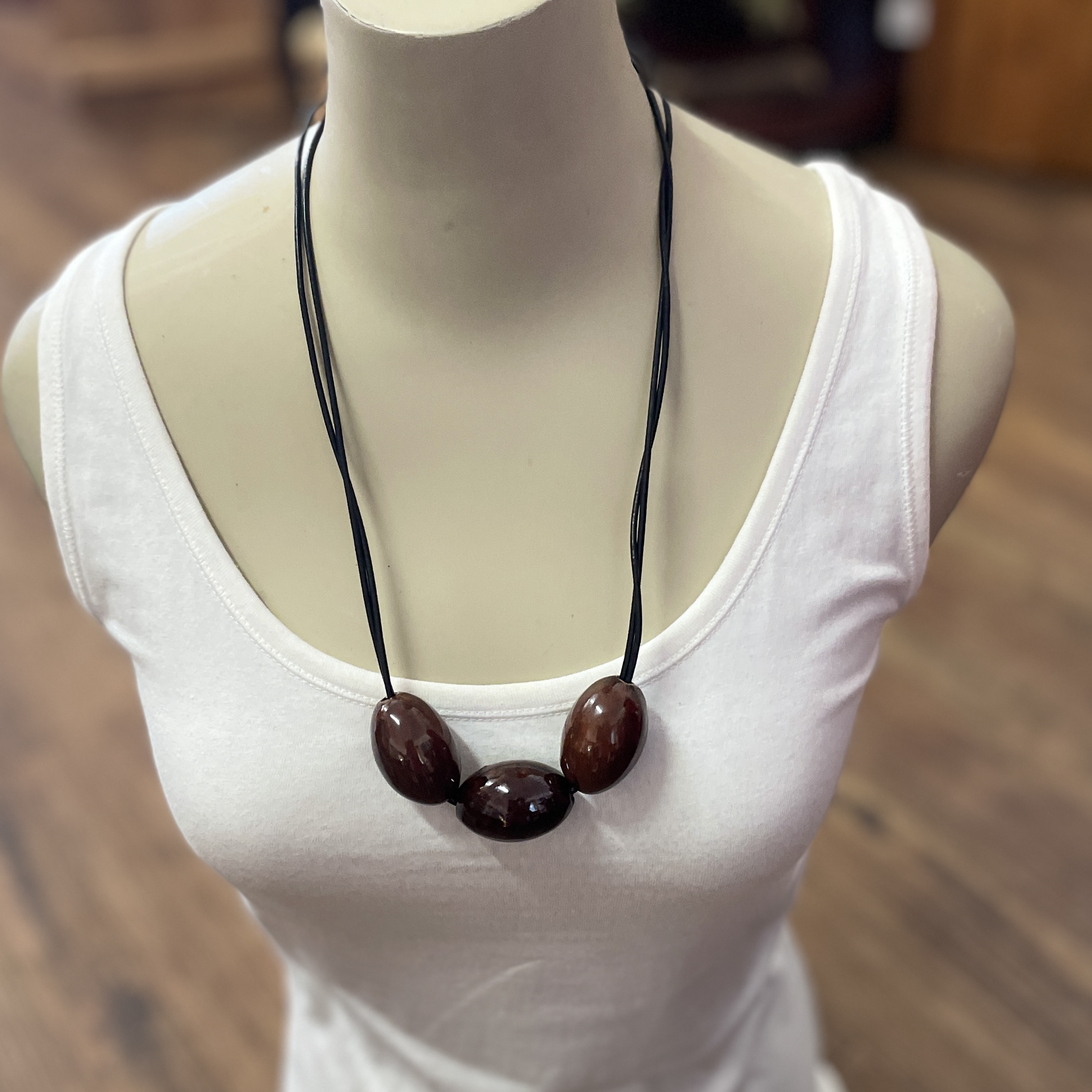 "BLACK LEATHER NECKLACE" ~ WITH CHUNKY POTTERY BEADS by Wanita Stanley - Image 2