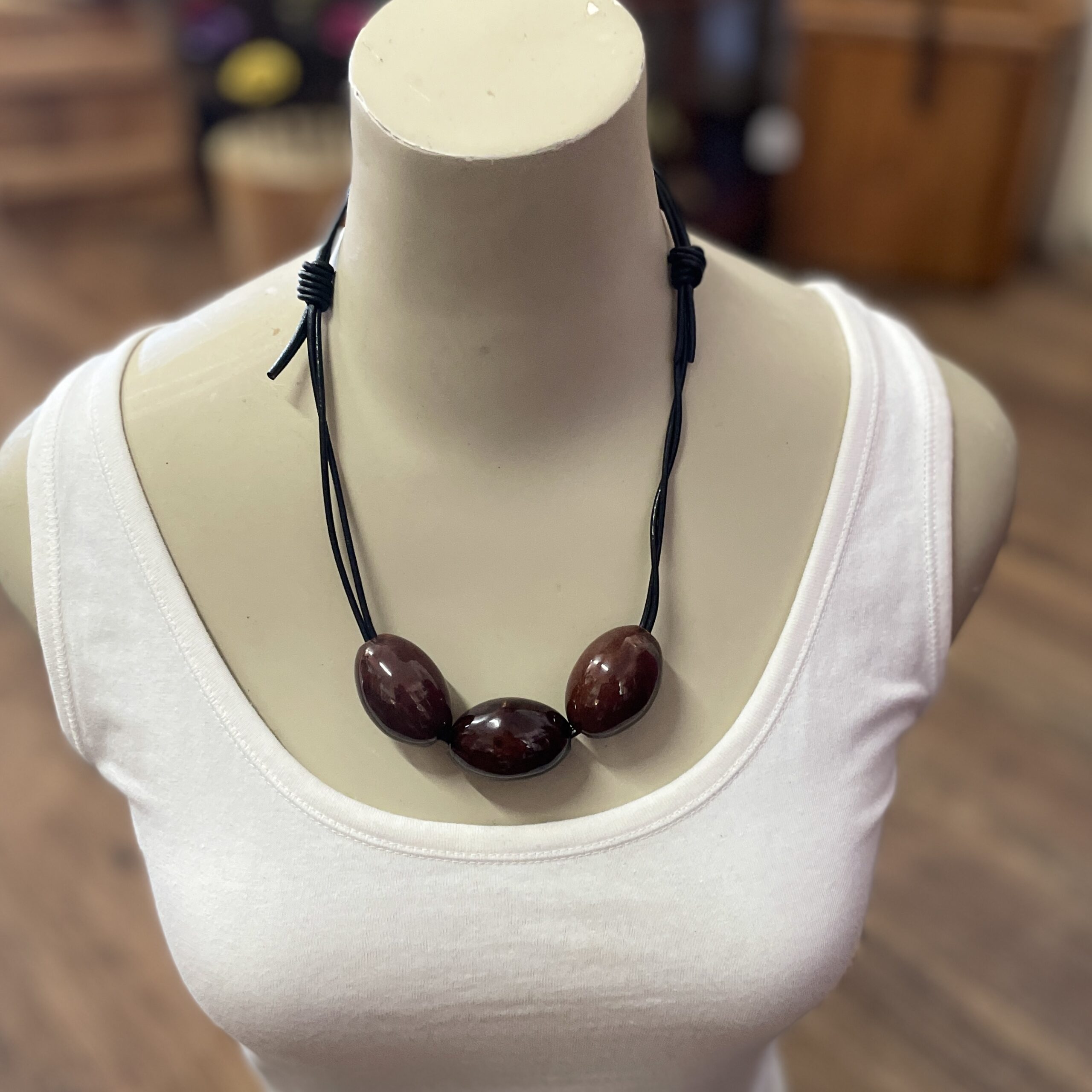 "BLACK LEATHER NECKLACE" ~ WITH CHUNKY POTTERY BEADS by Wanita Stanley - Image 3