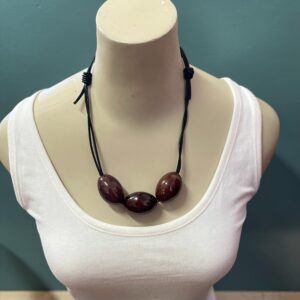 "BLACK LEATHER NECKLACE" ~ WITH CHUNKY POTTERY BEADS by Wanita Stanley