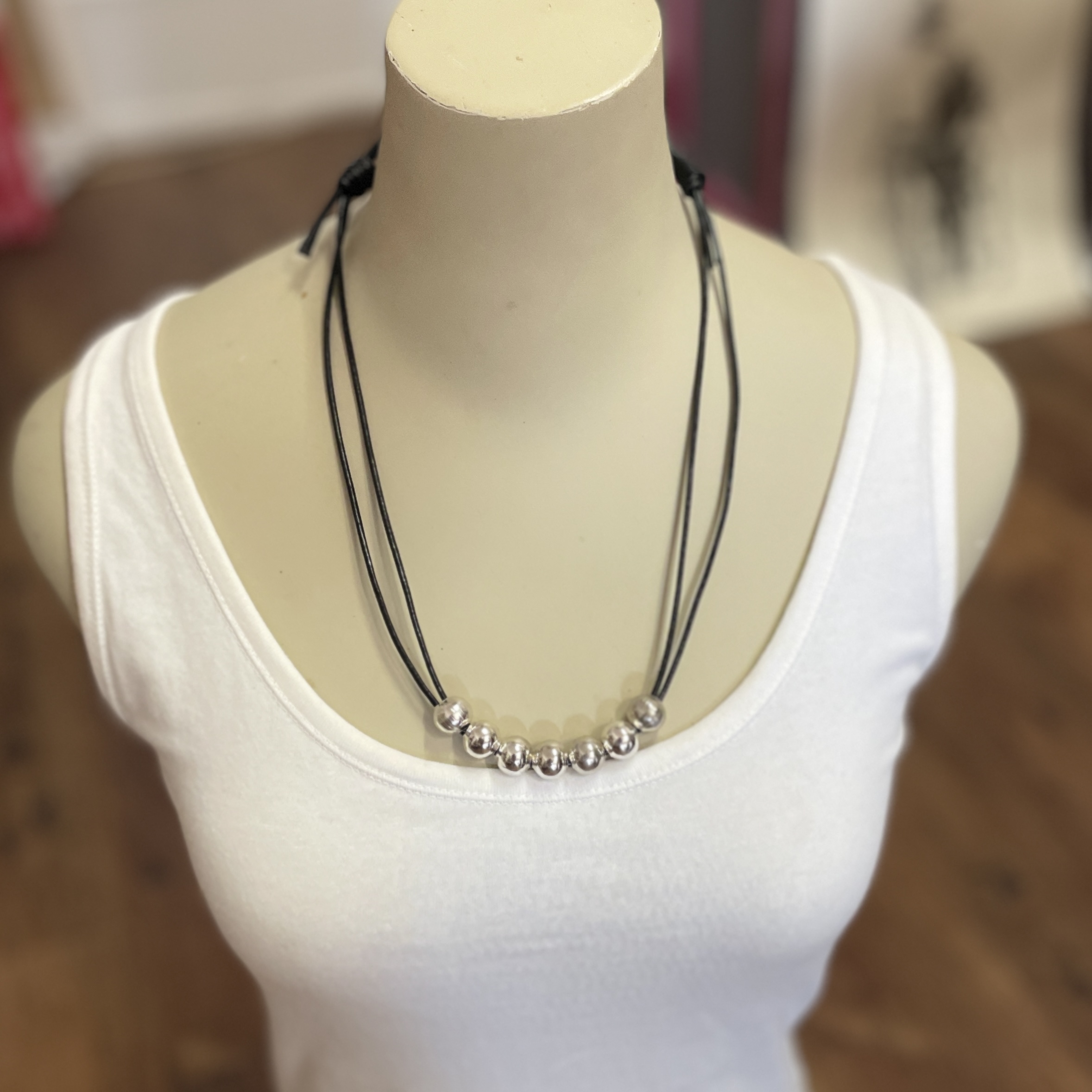 BLACK LEATHER NECKLACE WITH SILVER METAL BEADS by Wanita Stanley - Image 3