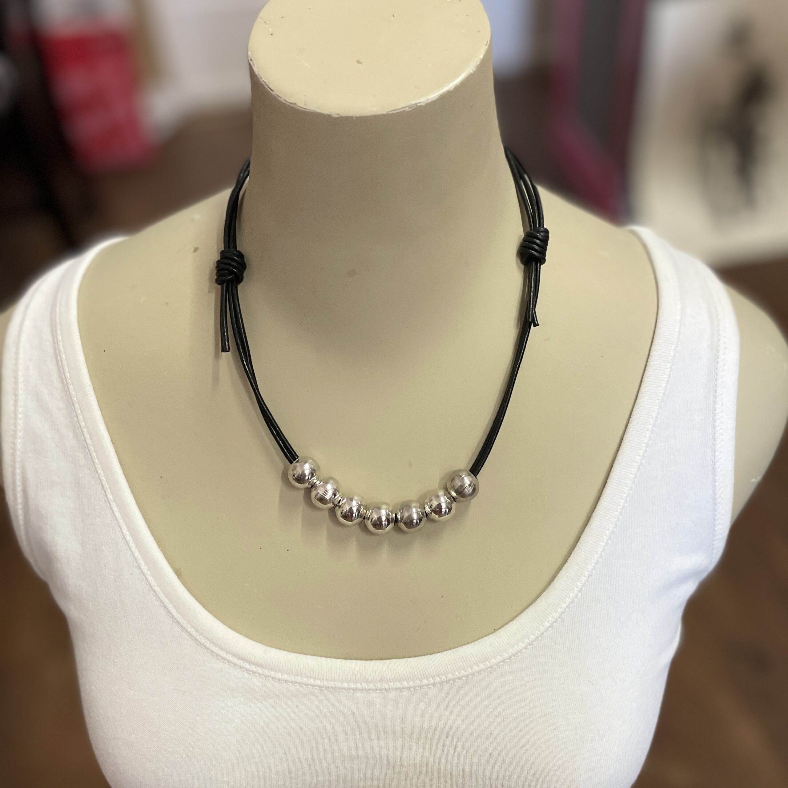BLACK LEATHER NECKLACE WITH SILVER METAL BEADS by Wanita Stanley - Image 4