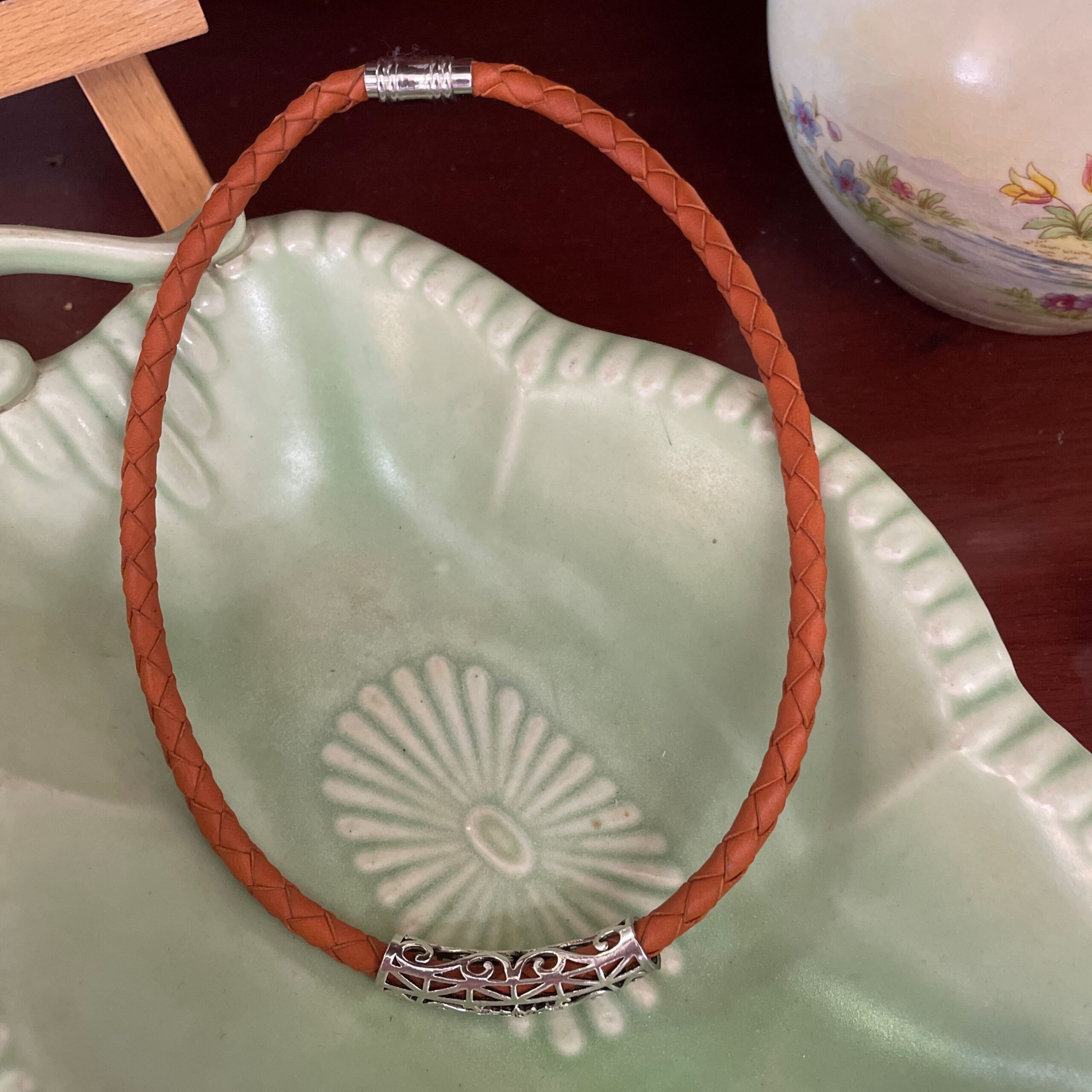 "PLAITED LEATHER NECKLACE" ~ in Tan with Large Silver Bail by Wanita Stanley - Image 2