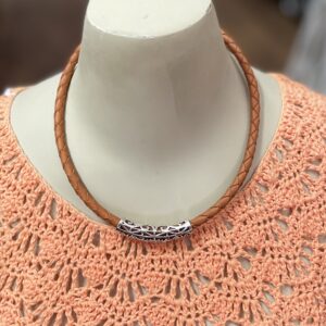 "PLAITED LEATHER NECKLACE" ~ in Tan with Large Silver Bail by Wanita Stanley