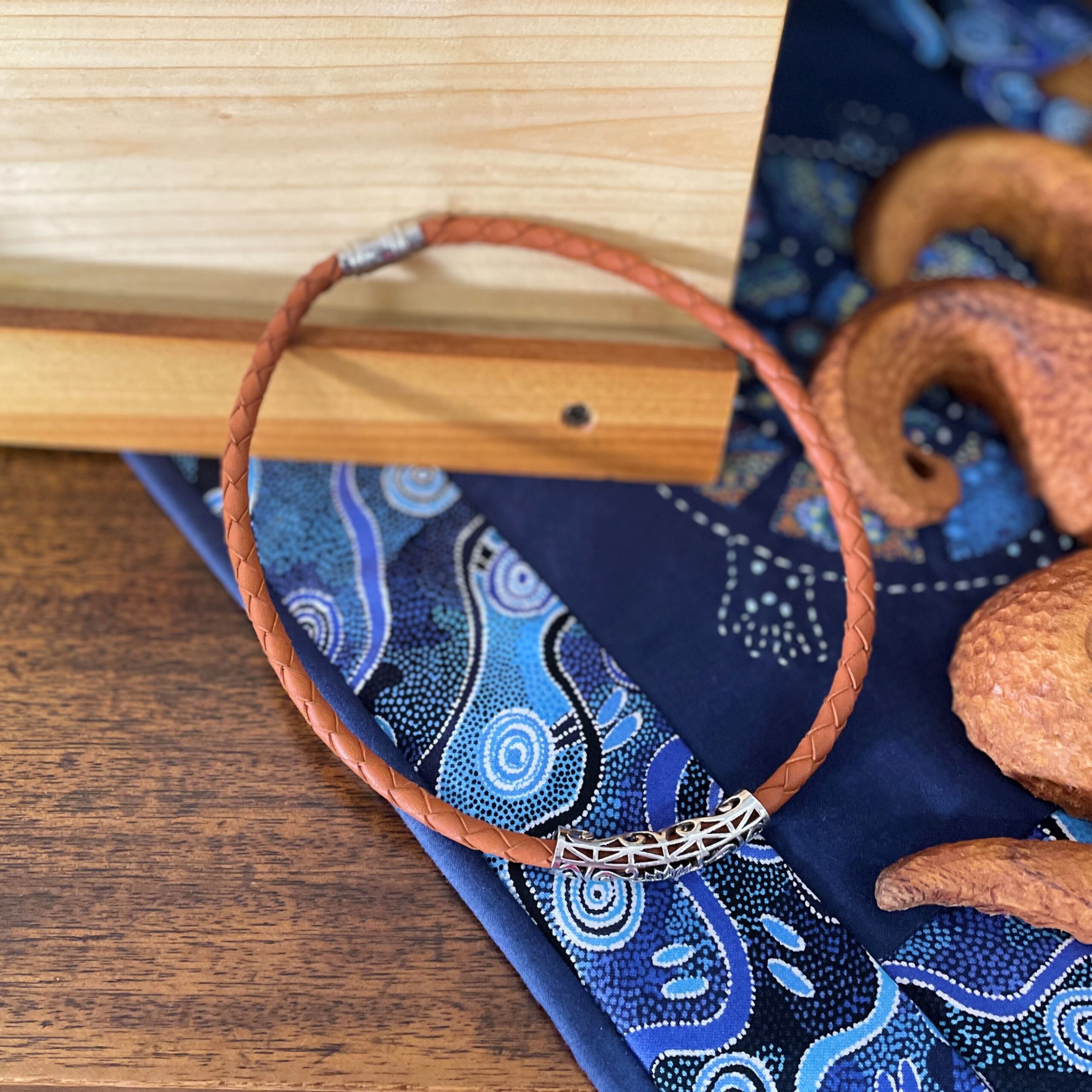 "PLAITED LEATHER NECKLACE" ~ in Tan with Large Silver Bail by Wanita Stanley - Image 3