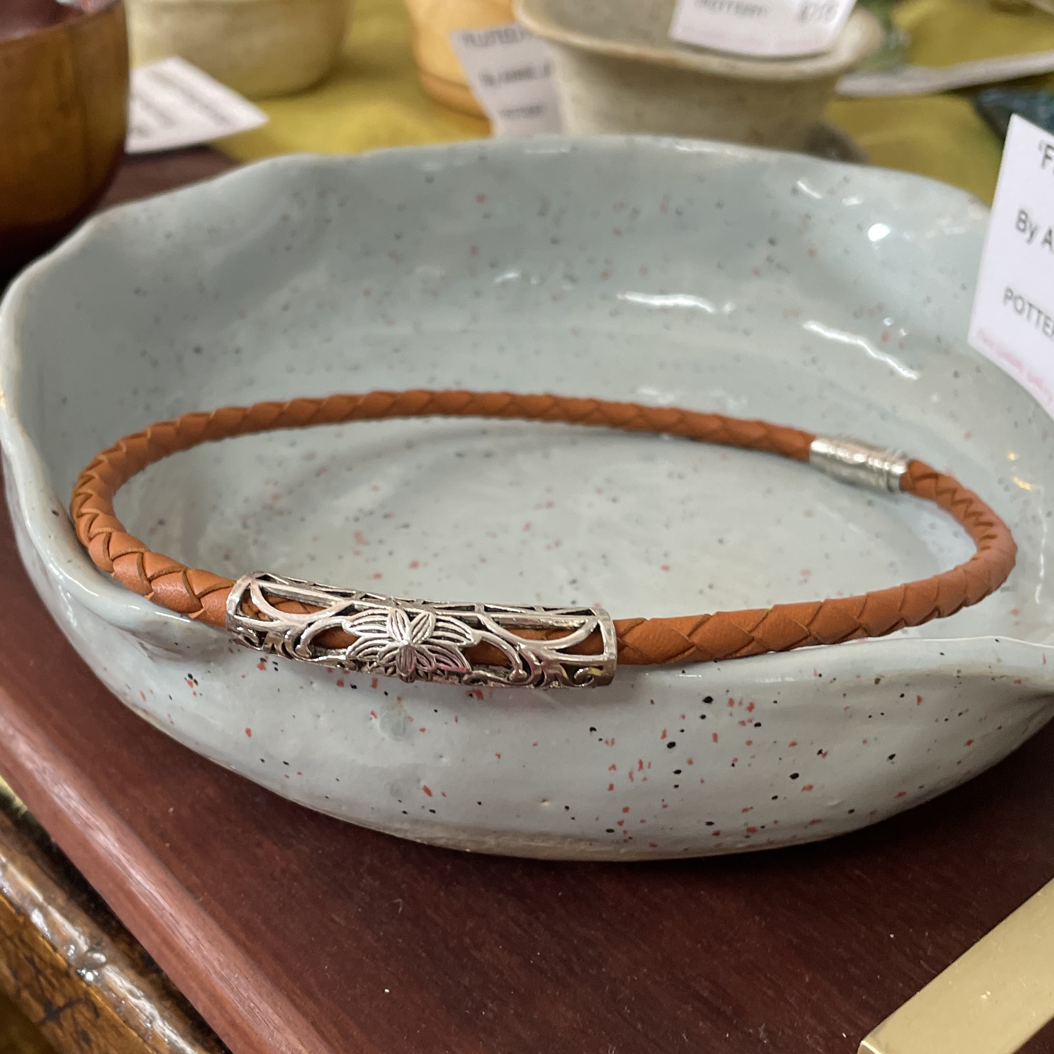 "PLAITED LEATHER NECKLACE" ~ in Tan with Large Silver Bail by Wanita Stanley - Image 4