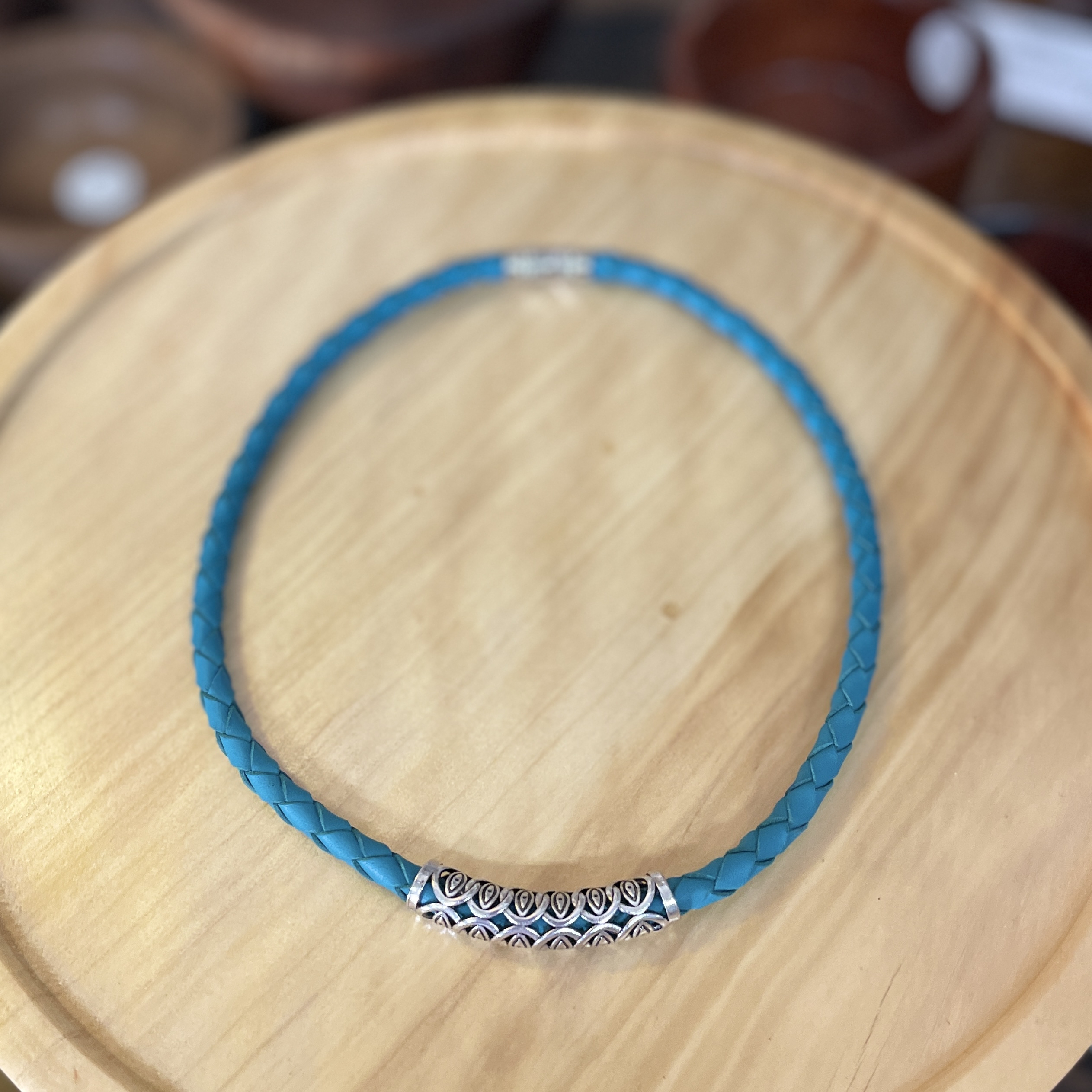 "PLAITED LEATHER NECKLACE" ~ in Teal with Large Silver Bail by Wanita Stanley - Image 2