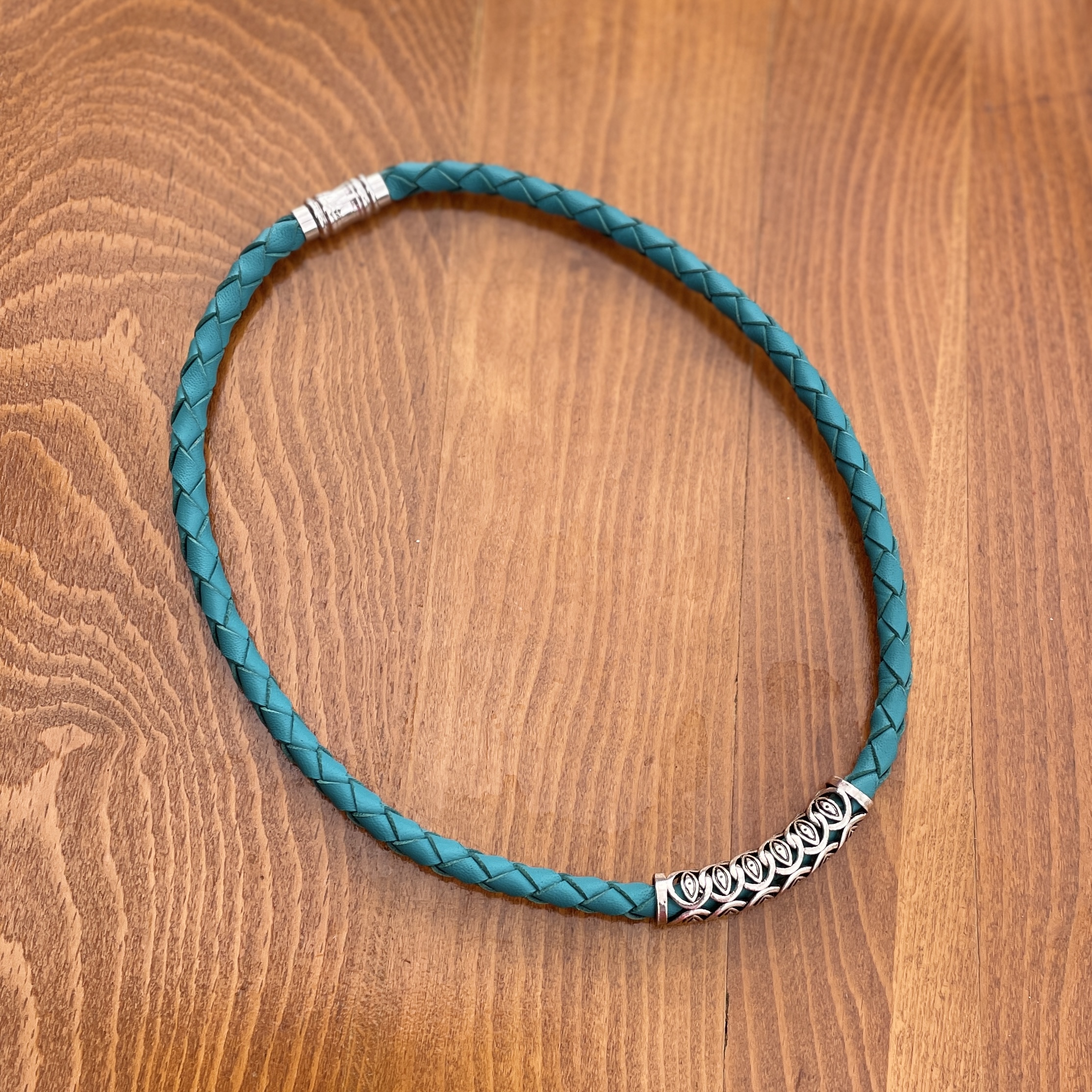 "PLAITED LEATHER NECKLACE" ~ in Teal with Large Silver Bail by Wanita Stanley - Image 3