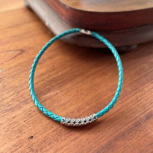 "PLAITED LEATHER NECKLACE" ~ in Teal with Large Silver Bail by Wanita Stanley