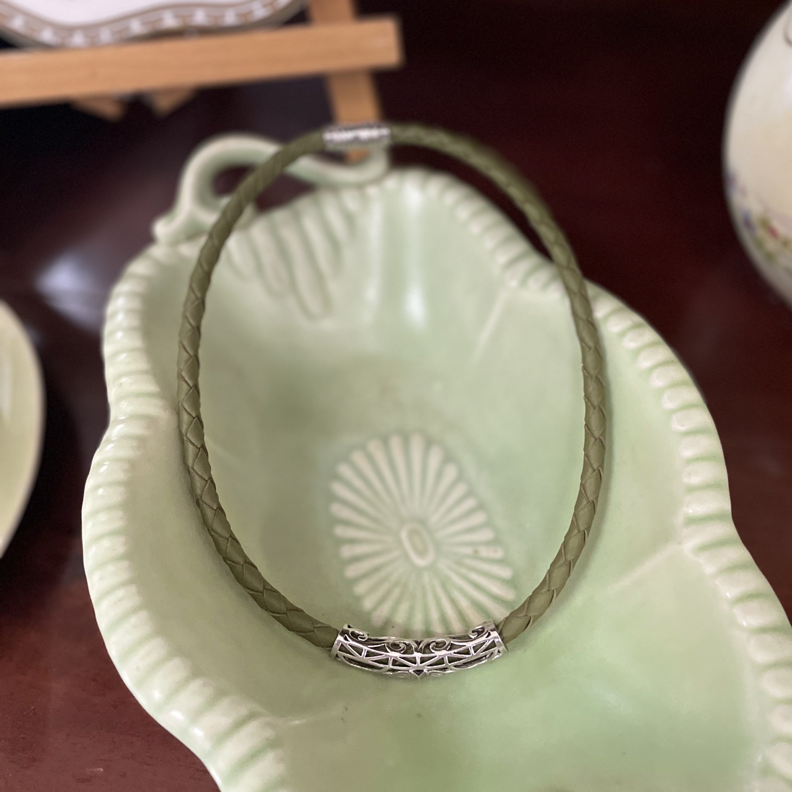 "PLAITED LEATHER NECKLACE" ~ in Khaki with Large Silver Bail by Wanita Stanley - Image 2