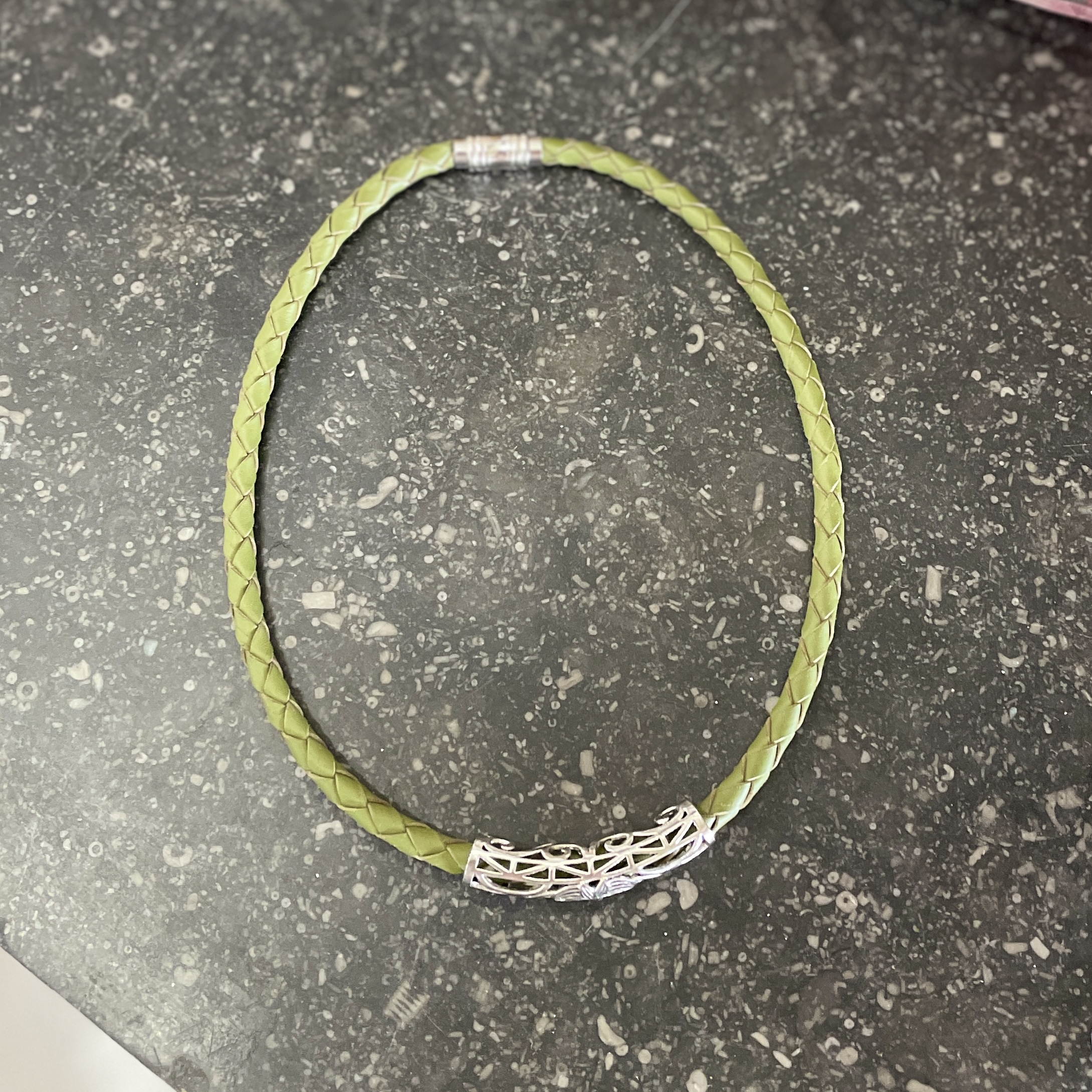 "PLAITED LEATHER NECKLACE" ~ in Khaki with Large Silver Bail by Wanita Stanley - Image 3