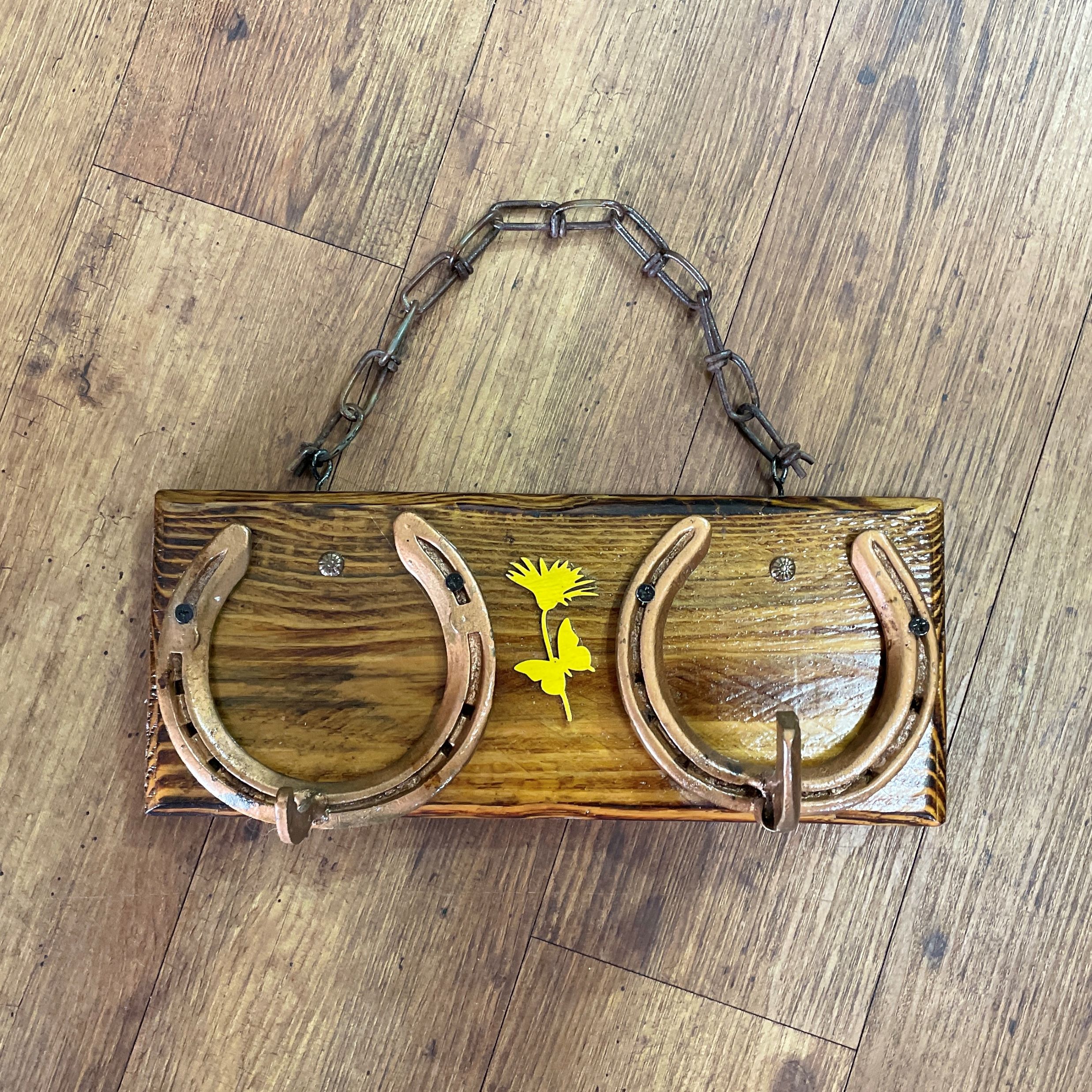 "YELLOW FLOWER & BUTTERFLY" ~ Two Hook Horseshoe Hatrack by Gunney Klippelt - Image 2
