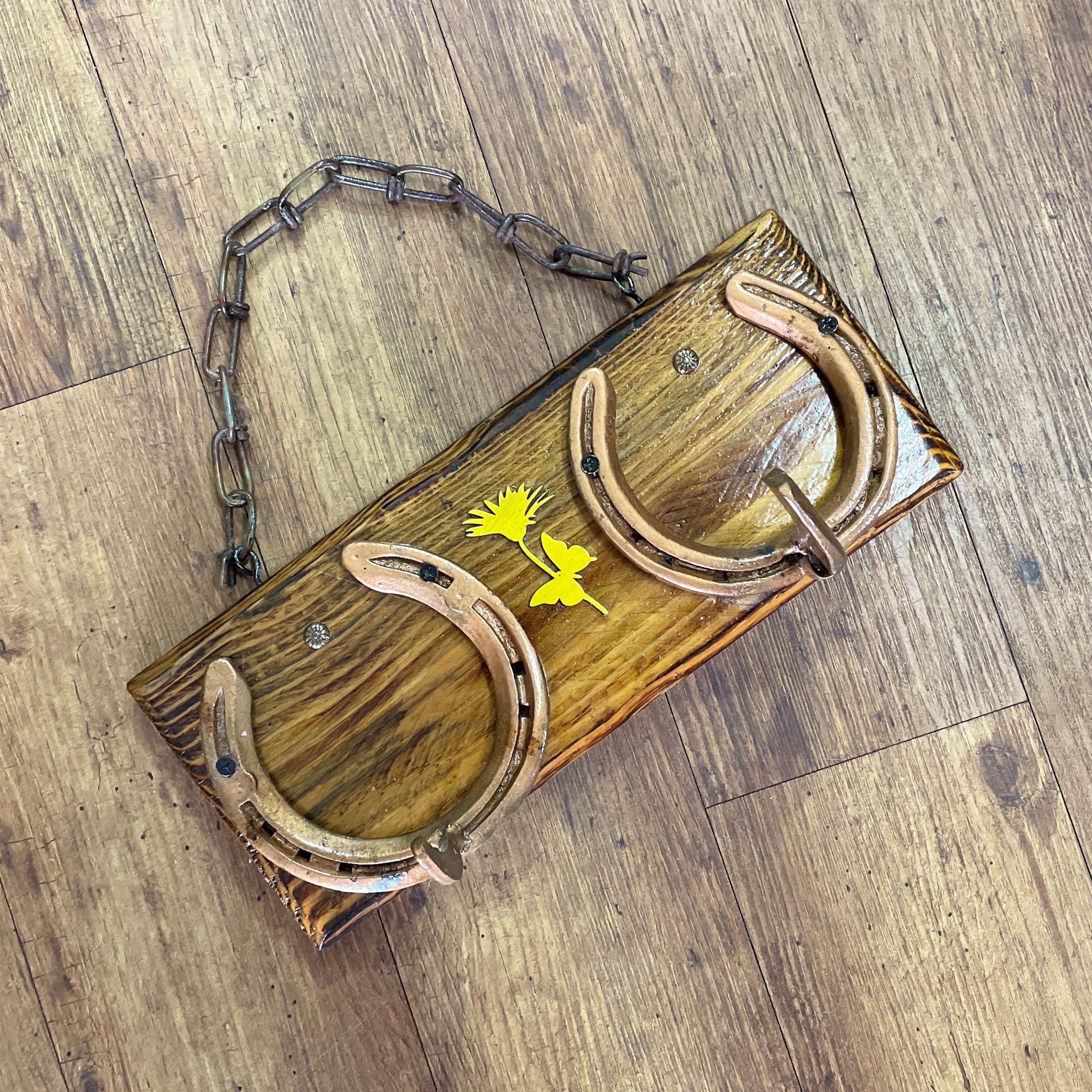 "YELLOW FLOWER & BUTTERFLY" ~ Two Hook Horseshoe Hatrack by Gunney Klippelt - Image 3