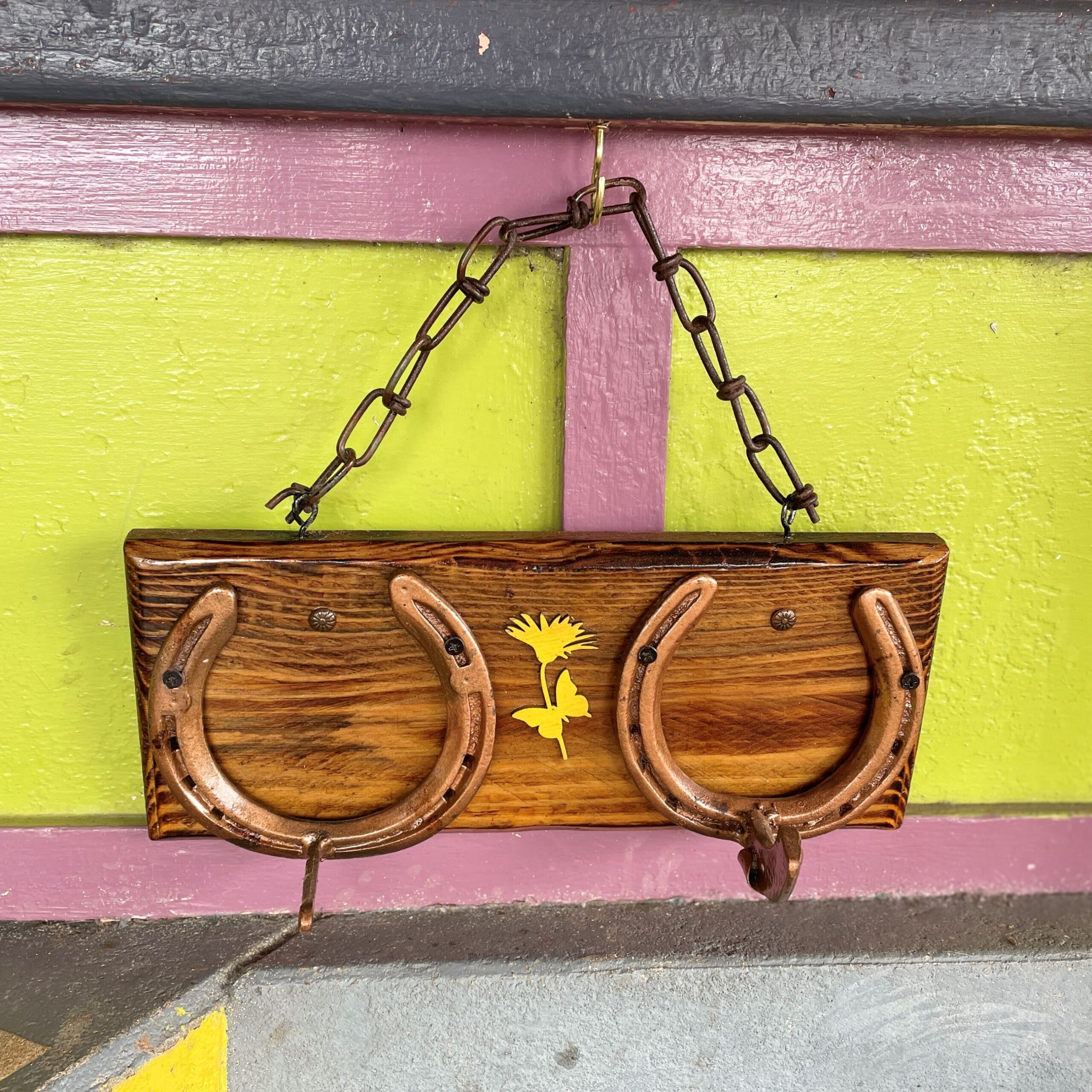 "YELLOW FLOWER & BUTTERFLY" ~ Two Hook Horseshoe Hatrack by Gunney Klippelt - Image 4