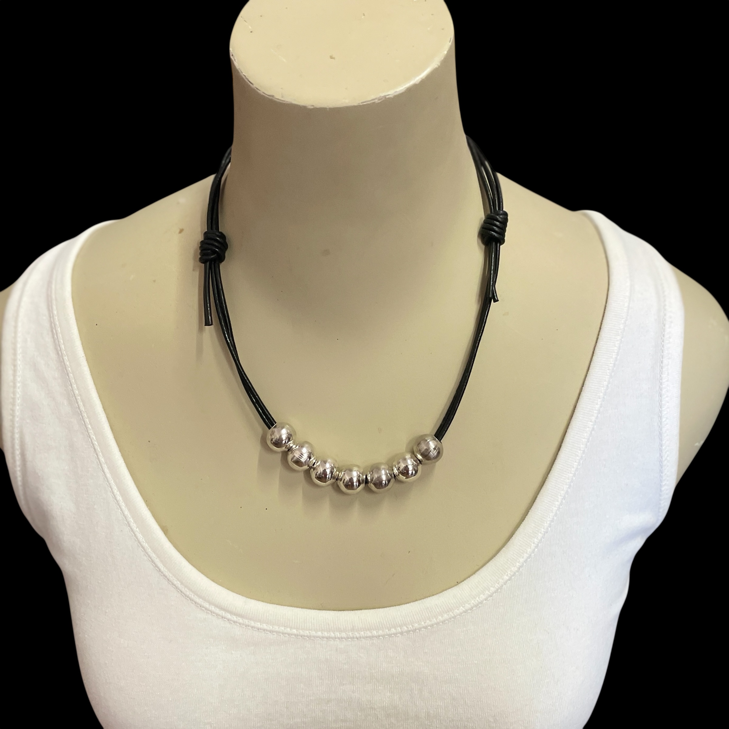 BLACK LEATHER NECKLACE WITH SILVER METAL BEADS by Wanita Stanley - Image 2
