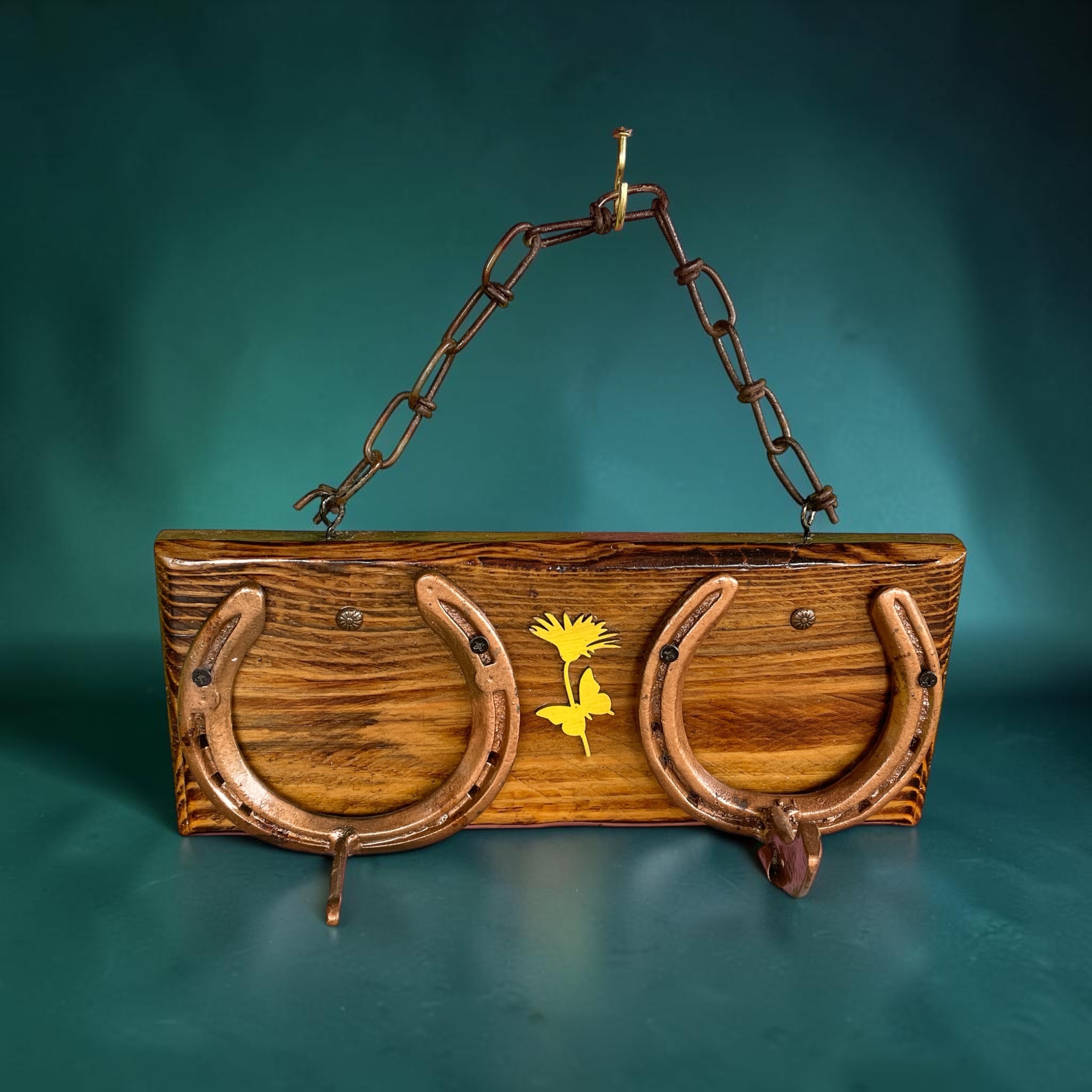 "YELLOW FLOWER & BUTTERFLY" ~ Two Hook Horseshoe Hatrack by Gunney Klippelt